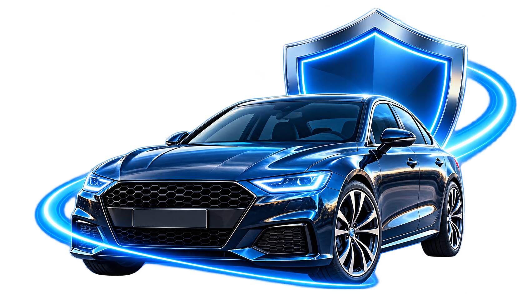 Donkerblauwe auto met een blauw beschermingsschild als symbool voor autoverzekering