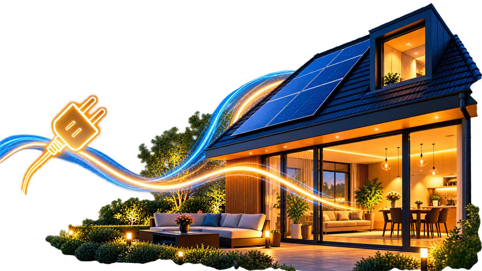 Moderne woning met zonnepanelen en verlichting, als illustratie bij energie zonder BKR