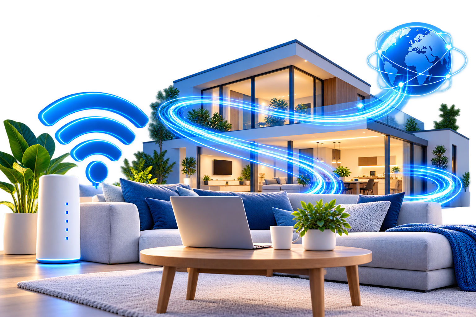 Moderne woning met wifi-router en blauwe lichtverbindingen als illustratie van internet voor thuis