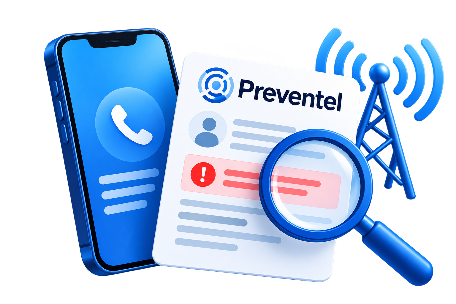 illustratie van een Preventel-registratie met smartphone, vergrootglas en waarschuwingsmelding